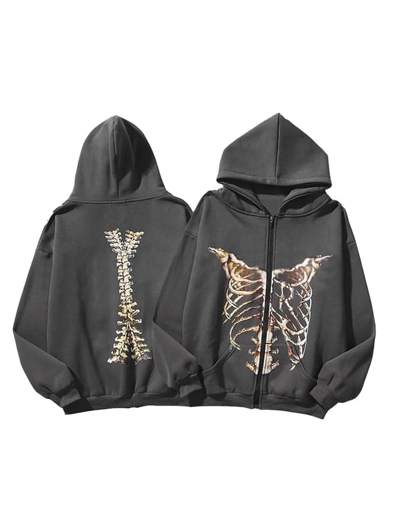 Womens Gothic Hooded Sweater Lightweight Retro Bone Print Hooded Sweatshirt Y2K Zip-Up Jacket Grunge Halloween Harajuku Upper Garment Clothes 2026