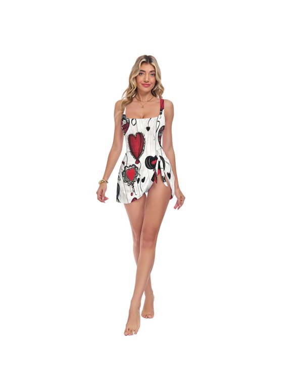 Womens Gothic Love Floats Print 2-in-1 Swim Dress Detachable Skirt One-Piece Swimsuit Square Neck S-XXL