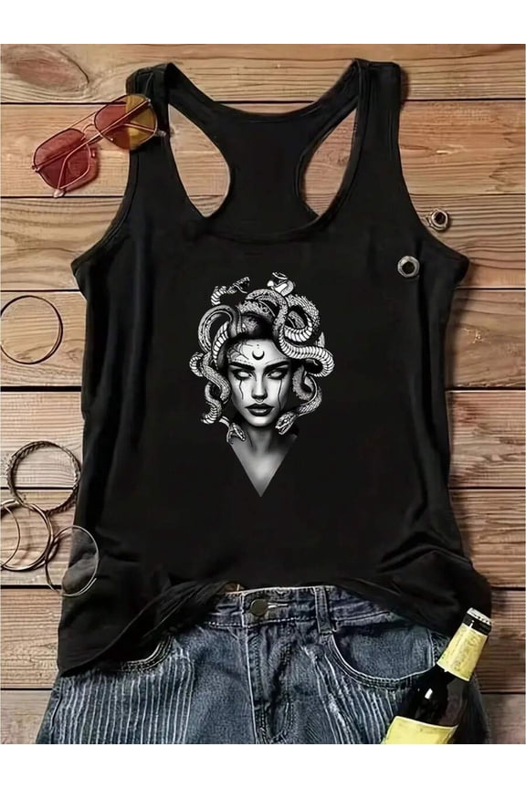 Womens Gothic Medusa Snake Print Racerback Tank Top - Black, 1 Pack