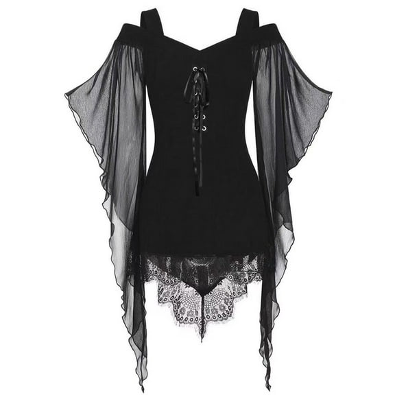 Womens Gothic Mini Dress Renaissance Cold Shoulder Bell Sleeves Dresses Witch Cosplay Party Dark Style Clothes