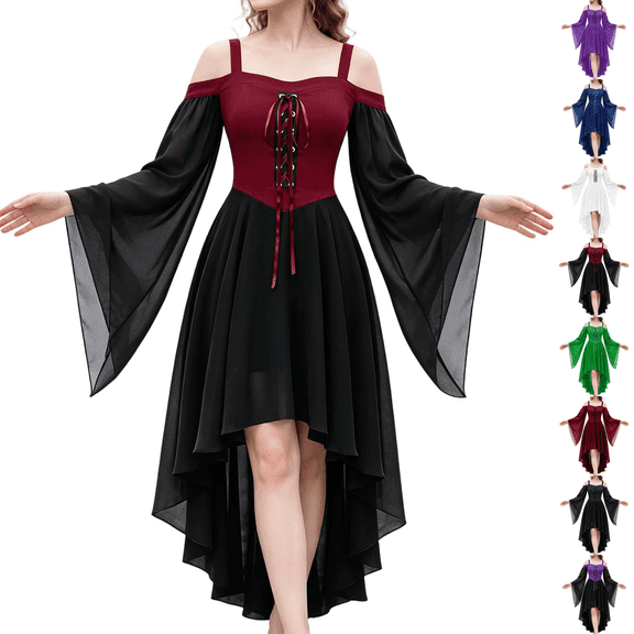 Womens Gothic Punk Dress Butterfly Cold Shoulder Sleeve Halloween Dress Deep Red M