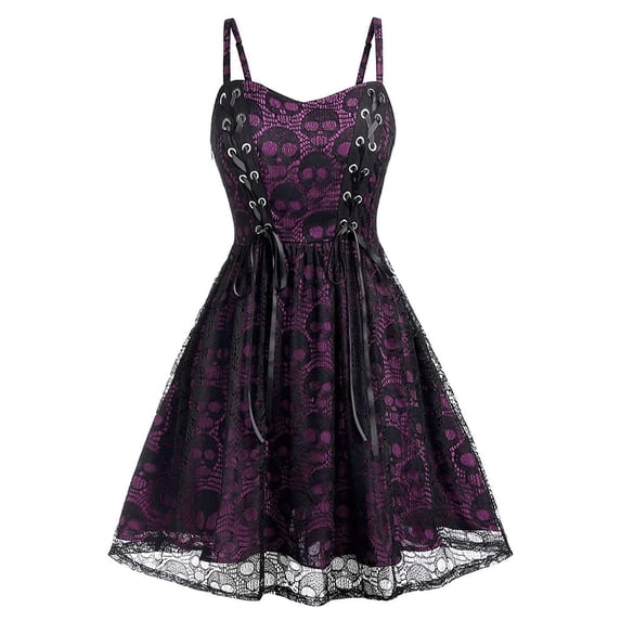 Womens Gothic Punk Dresses Sleeveless Camisole Skull Print Lace Swing Dress Halloween Steampunk Dress Goth Clothes(Light Purple, XL)