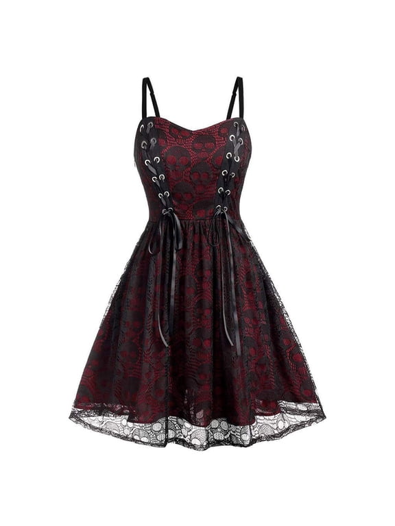 Womens Gothic Punk Dresses Sleeveless Camisole Skull Print Lace Swing Dress Halloween Steampunk Dress Goth Clothes(Wine, 2XL)