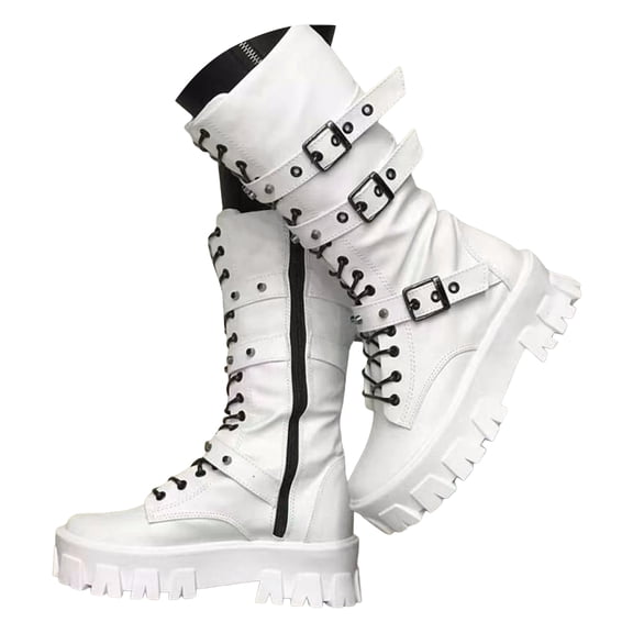Womens Gothic Punk Platform Boots Chunky Heel Lace up Combat Long Booties Zipper Mid Calf Motorcycle Boots