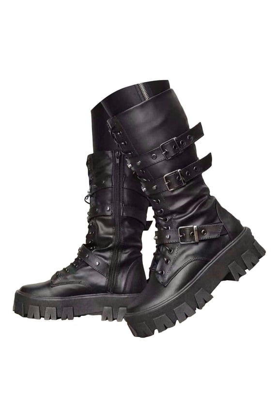 Womens Gothic Punk Platform Boots Chunky Heel Lace up Combat Long Booties Zipper Mid Calf Motorcycle Boots