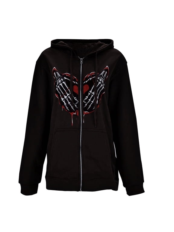 Womens Gothic Skull Hand Print Hoodie Y2K Retro Zip Up Sweatshirt Skeleton Graphic Aesthetic Jacket Black