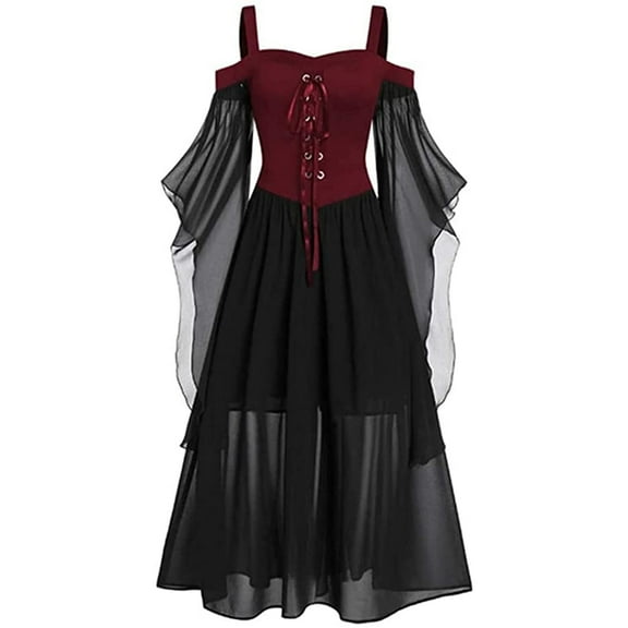 Womens Gothic Steampunk Dress Lace Dresses Halloween Long Punk Bandage Splicing Strap Suspender Dress