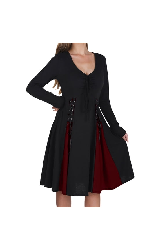 Womens Gothic Steampunk Dresses Renaissance Medieval Long Sleeve V Neck Dress Halloween Tie Front Party Midi Dress