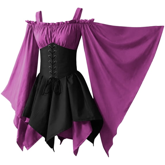Womens Gothic Witch Costume Dress Cold Shoulder Bell Sleeve Lace Up Corset Asymmetrical Hem Dress for Halloween Cosplay Party, Purple, XXL