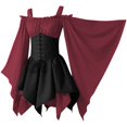 thumbnail image 1 of Womens Gothic Witch Costume Dress Cold Shoulder Bell Sleeve Lace Up Corset Asymmetrical Hem Dress for Halloween Cosplay Party, Wine, XXL, 1 of 6