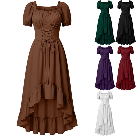 Womens Gothic Witch Costume Dress Victorian Steampunk Dress High Low Ruffle Off Shoulder Lace Up Corset Dresses for Halloween Cosplay, Coffee, M