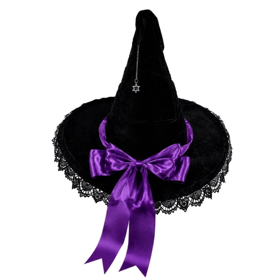 Womens Gothic Witch Hat Velvet with Lace Trim, Wide Brim Pointed Cone Costume Hat, Wizard Headwear for Halloween Party Dress Up Purple