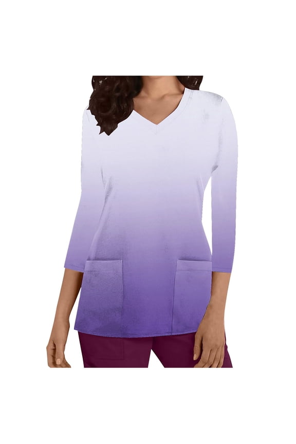 Womens Gradient 3/4 Length Sleeve Scrubs Tees Tops Casual Color Block V Neck Tunic Blouses with 2 Pockets
