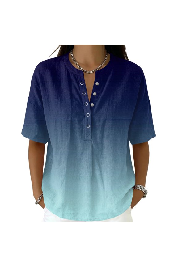 Womens Gradient Color Henley Tops Mandarin Collar Short Sleeve Crinkle T Shirts Transition Print Lightweight Casual Summer Blouses Dark Blue S