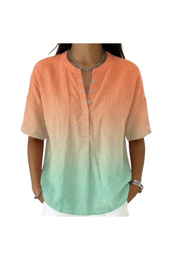 Womens Gradient Color Henley Tops Mandarin Collar Short Sleeve Crinkle T Shirts Transition Print Lightweight Casual Summer Blouses Orange S