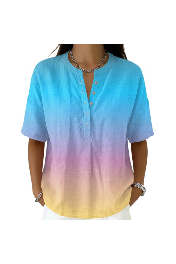 Womens Gradient Color Henley Tops Mandarin Collar Short Sleeve Crinkle T Shirts Transition Print Lightweight Casual Summer Blouses Sky Blue 2XL