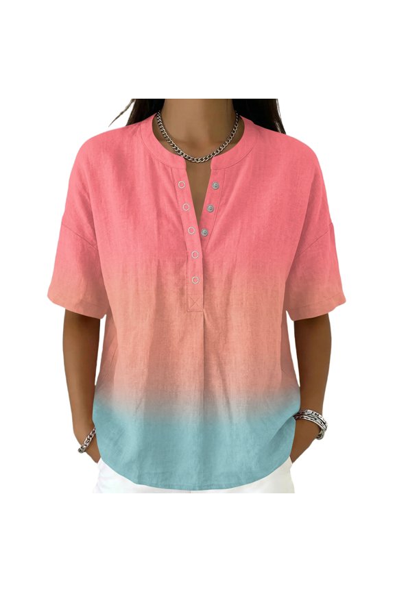 Womens Gradient Color Henley Tops Mandarin Collar Short Sleeve Crinkle T Shirts Transition Print Lightweight Casual Summer Blouses Watermelon Red M