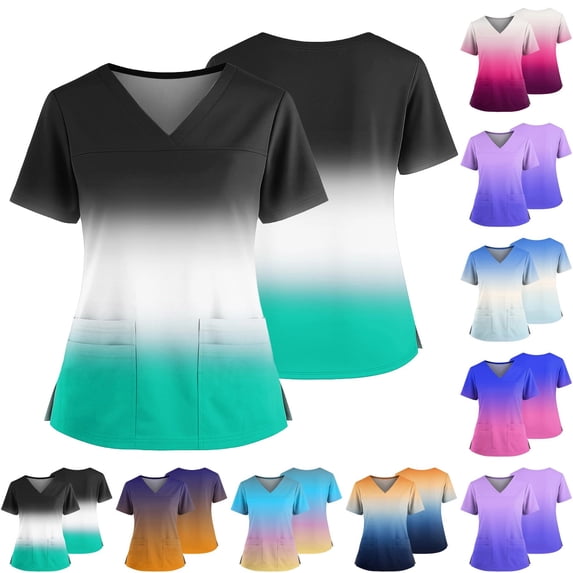 Womens Gradient Color Vneck Scrub Tops Short Sleeve Work Scrubs Summer Fall Shirts 2026 Trendy, #03 Turquoise, L