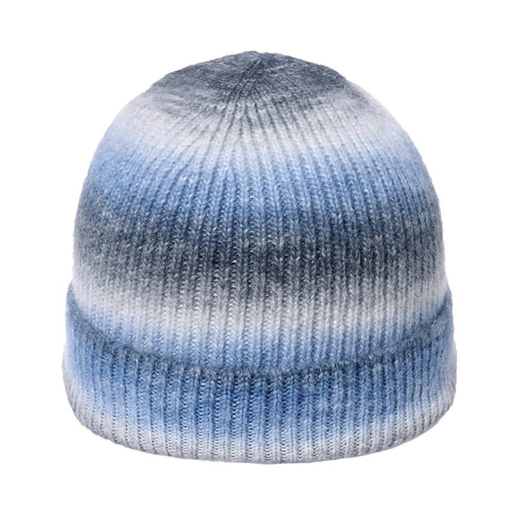 Womens Gradient Cuffed Beanies Striped Knit Winter Hat Soft Unisex Mens Beanie Skull Cap Sky Blue