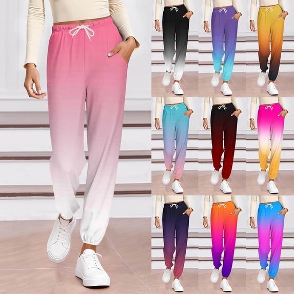 Swuxness Women Pajama Full Length Pants Gradient Print Cuffed Ankle Pockets Casual Soft