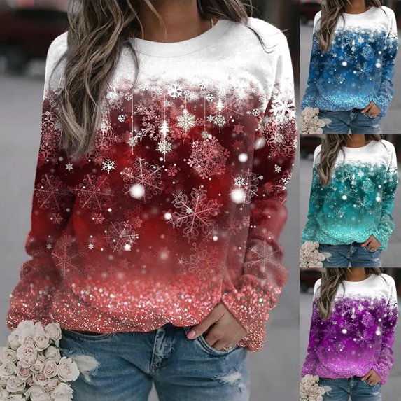 Womens Gradient Snowflake Printed Tops Crew Neck Long Sleeve Sweatshirts Christmas Casual Party Pullovers