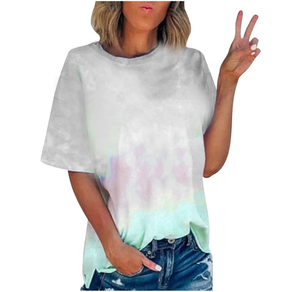 Womens Gradient Tie Dye Short Sleeve T-Shirt Shirt Casual Crewneck Tee Tops Shirts Summer Vacation Tshirts Tees Tops Gray XXL