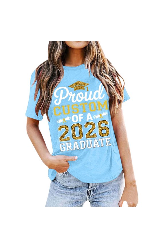 Womens Graduation Season Printed Short Sleeve T-Shirt, Summer Casual Crew Neck DIY Graphic Tee Fashion Loose Daily Leisure Top for Graduation Party Outfit(Blue4,XXL)