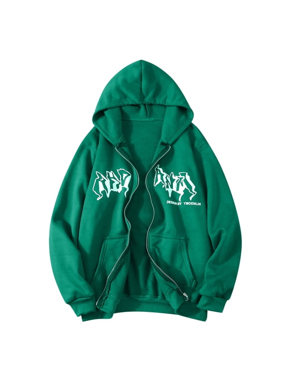 Womens Graffiti Letter Graphic Zip Up Hoodie with Front Pockets Long Sleeve Oversized Sweatshirt Jacket Casual Streetwear Hooded Top