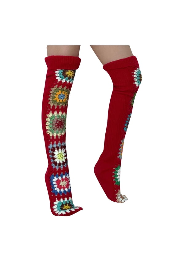 Womens Granny Square Over Knee High Socks Crochet Knitted Stockings Tube Long Leg Warmers Cable Thigh High Boot Socks