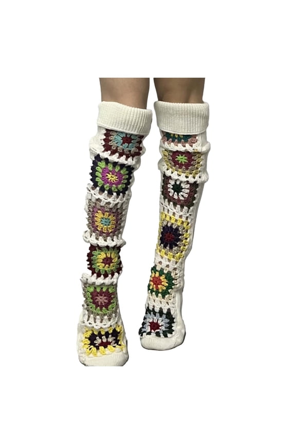 Womens Granny Square Over Knee High Socks Crochet Knitted Stockings Tube Long Leg Warmers Cable Thigh High Boot Socks