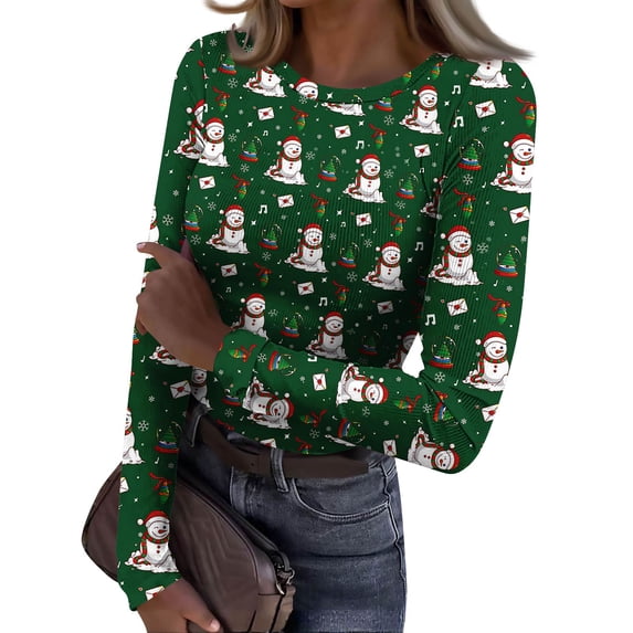 Womens Graphic Christmas Tops Round Neck Slim Fit Long Sleeve Shirts Ribbed Knit T Shirts Fall Winter Clothes