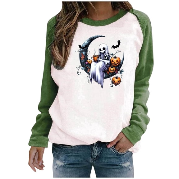 Womens Graphic Crewneck Sweatshirt Funny Halloween Ghost Sweatshirt Women Casual Fall Long Sleeve Sweater Green, L
