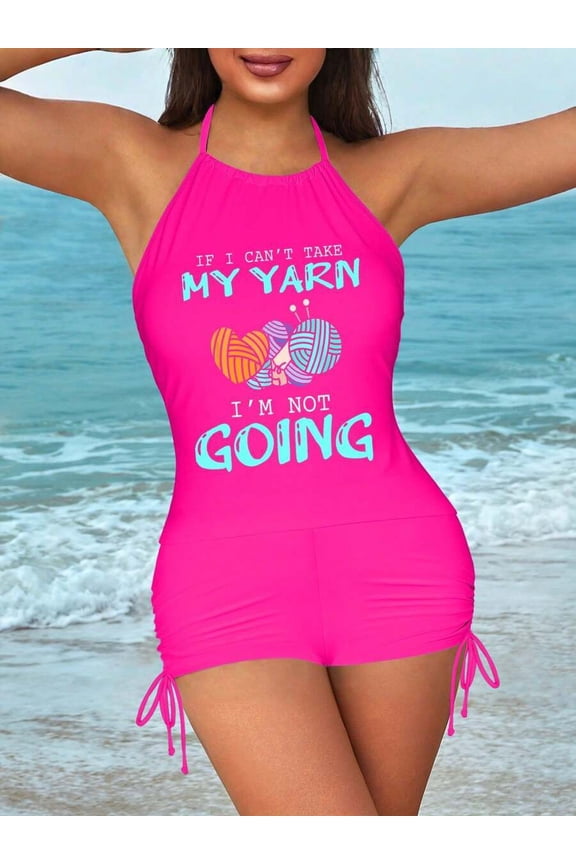 Womens Graphic Halter Tankini Set Pink With Yarn Print Drawstring Shorts