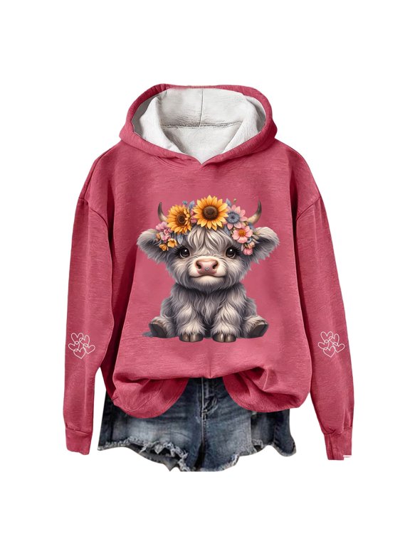 Womens Graphic Hoodie Flower Wreath Highland Cow Graphic Pullover Hooded Long Sleeve Cottagecore Festival Top S