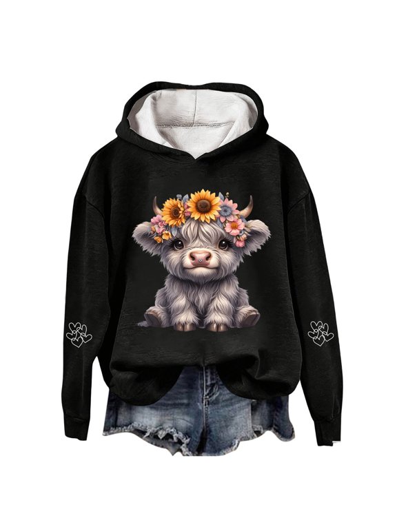 Womens Graphic Hoodie Flower Wreath Highland Cow Graphic Pullover Hooded Long Sleeve Cottagecore Festival Top S