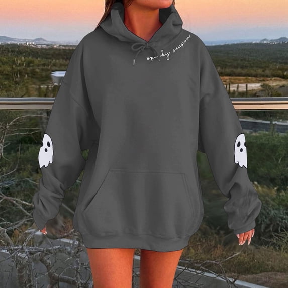 Womens Graphic Hoodie Spooky Season Ghost Sleeve Graphic Drawstring Long Sleeve Pullover Vintage Halloween Streetwear Top Fall Winter Oversized Sweatshirts Dark Gray M