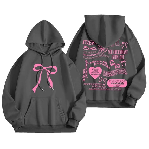 Womens Graphic Hoodies Cute Bow Print Long Sleeve Pullover Hoodie Unisex Oversized Y31K Preppy School Sweatshirt