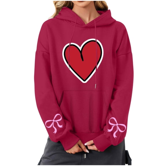 Womens Graphic Hoodies Drawstring Long Sleeve Sweatshirt Pullover Womens Oversized Heart Patch Hoodies Sweatshirts Lightweight Heart Bow Print Hoodies for Women Cuff With Bow Print