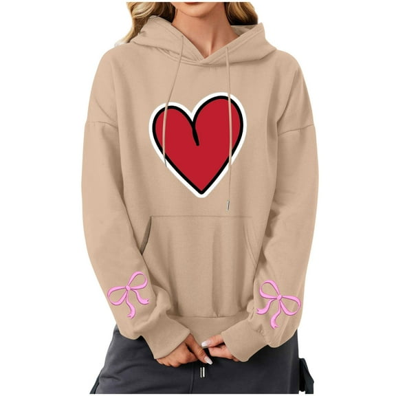 Womens Graphic Hoodies Drawstring Long Sleeve Sweatshirt Pullover Womens Oversized Heart Patch Hoodies Sweatshirts Lightweight Heart Bow Print Hoodies for Women Cuff With Bow Print