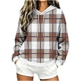 thumbnail image 1 of Womens Graphic Hoodies Drawstring Loose Pullover Hooded Sweatshirts with Pocket Drop Shoulder Long Sleeve Tops (S, Brown-Plaid), 1 of 5