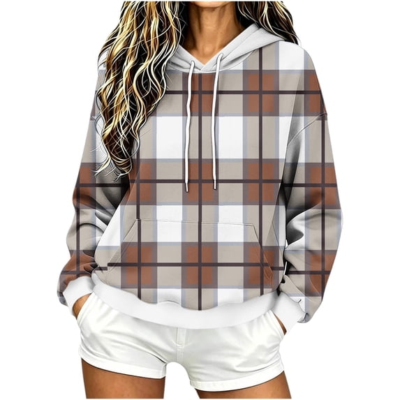 Womens Graphic Hoodies Drawstring Loose Pullover Hooded Sweatshirts with Pocket Drop Shoulder Long Sleeve Tops (S, Brown-Plaid)