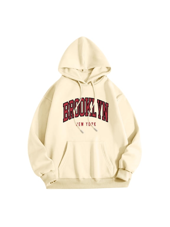 Womens Graphic Hoodies Trendy Loose Fit Brooklyn Letter Printed Hooded Sweatshirts Causal Long Sleeve Pullovers Ladies Fall V Neck Y2k Tops Jacket with Pockets Beige 0803*sweatshirts M