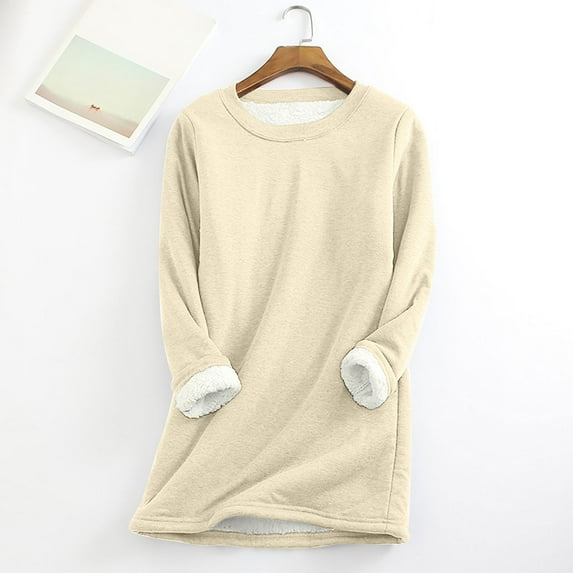 FAVIPT Womens Sherpa Lined Fleece Crewneck Sweatshirt Pullover Winter Warm Loungewear Tunic Tops Plush Long Sleeve Sweaters Beige L