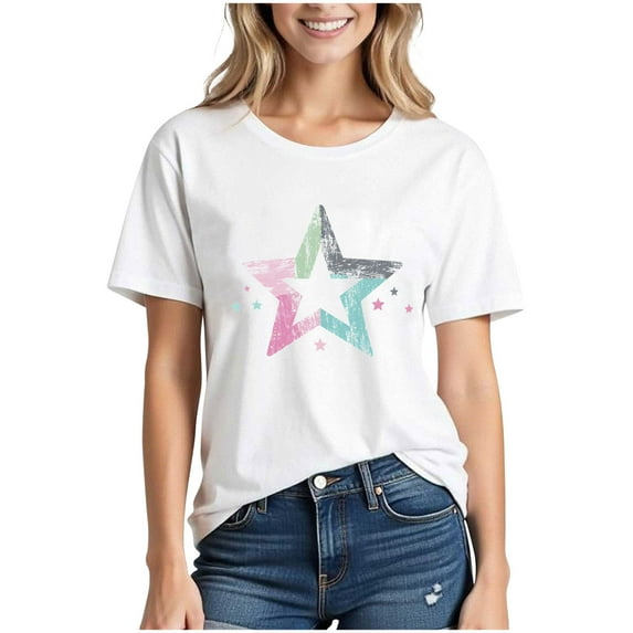 Womens Graphic Star Print Short Sleeve T-Shirts Crewneck Casual Summer Cute Tees Tops 2025 Trendy