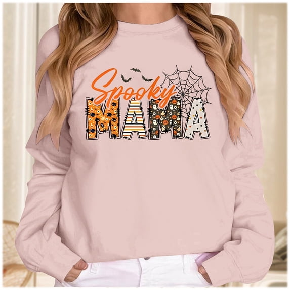 Womens Graphic Sweatshirt Crewneck Halloween Spooky Mama Graphic Pullover Long Sleeve Tee Casual Holiday Top Fall Winter Oversized Sweatshirts Pink S