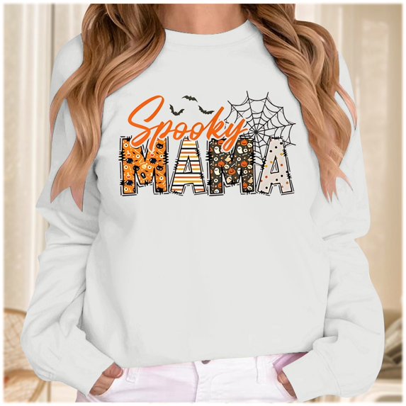 Womens Graphic Sweatshirt Crewneck Halloween Spooky Mama Graphic Pullover Long Sleeve Tee Casual Holiday Top Fall Winter Oversized Sweatshirts White L