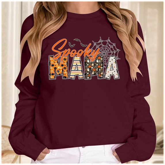 Womens Graphic Sweatshirt Crewneck Halloween Spooky Mama Graphic Pullover Long Sleeve Tee Casual Holiday Top Fall Winter Oversized Sweatshirts S