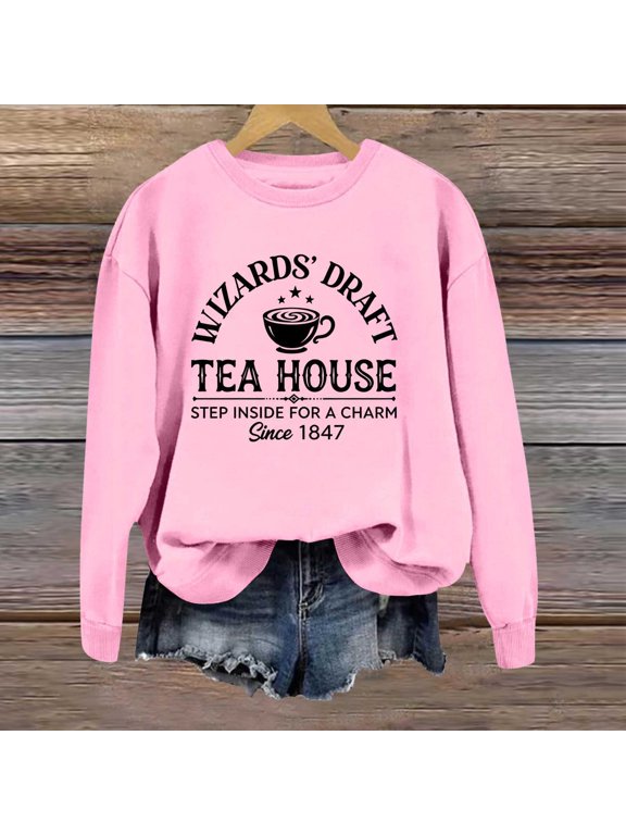 Womens Graphic Sweatshirt Crewneck Magic Coffee Cup Slogan Graphic Long Sleeve Pullover Y2K Streetwear Casual Loose Fit Top Pink 3XL
