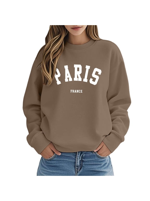 Womens Graphic Sweatshirt Crewneck Paris France Letter Graphic Long Sleeve Pullover Streetwear Casual Top M