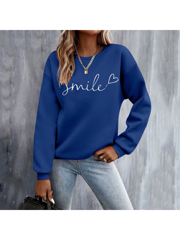 Womens Graphic Sweatshirt Crewneck Smile Heart Graphic Long Sleeve Cottagecore Casual Pullover Tops Fall Winter Clothes Navy 2XL